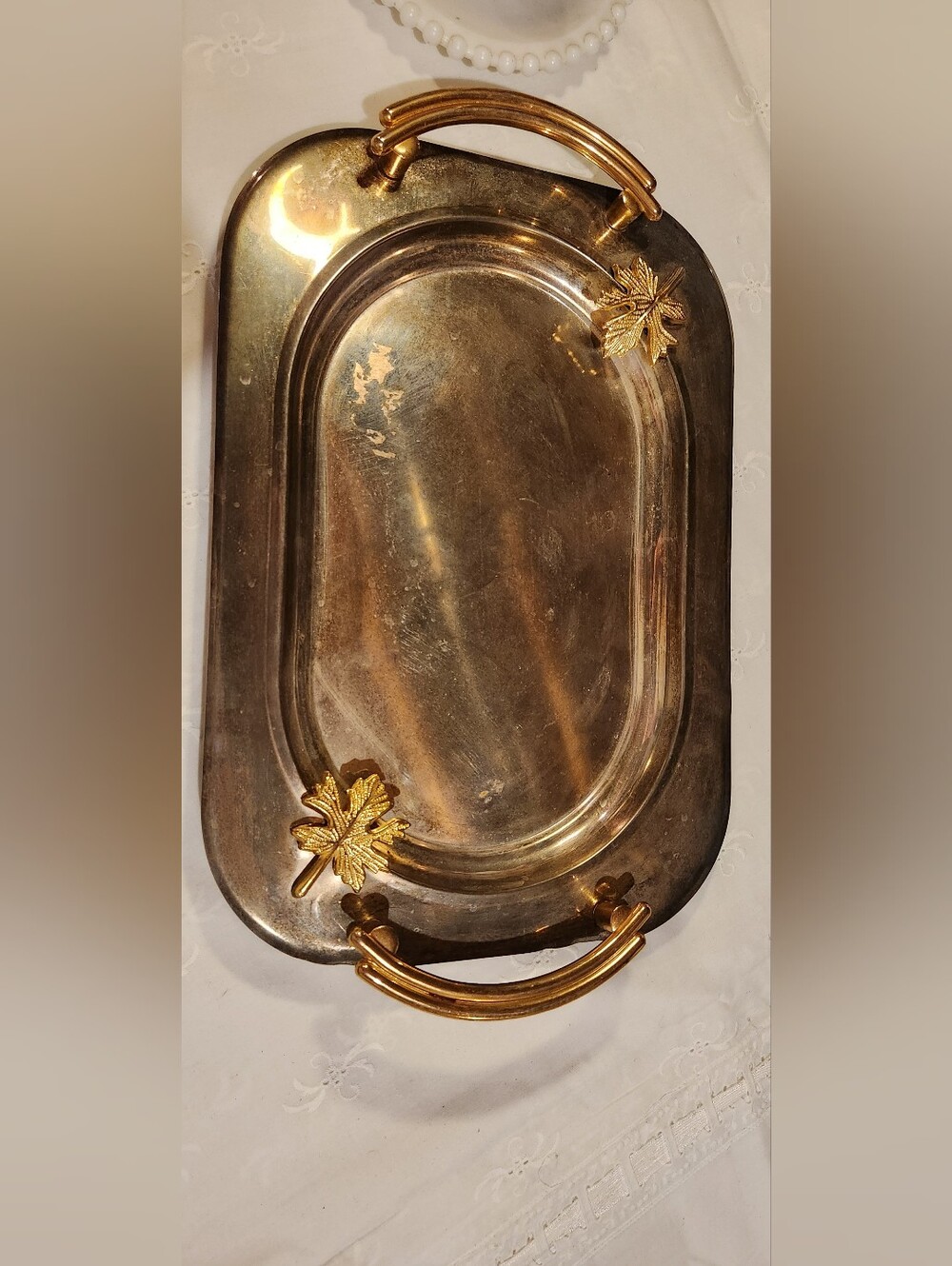 Vintage Silver Gold Leaf Accent Serving Tray - Gold